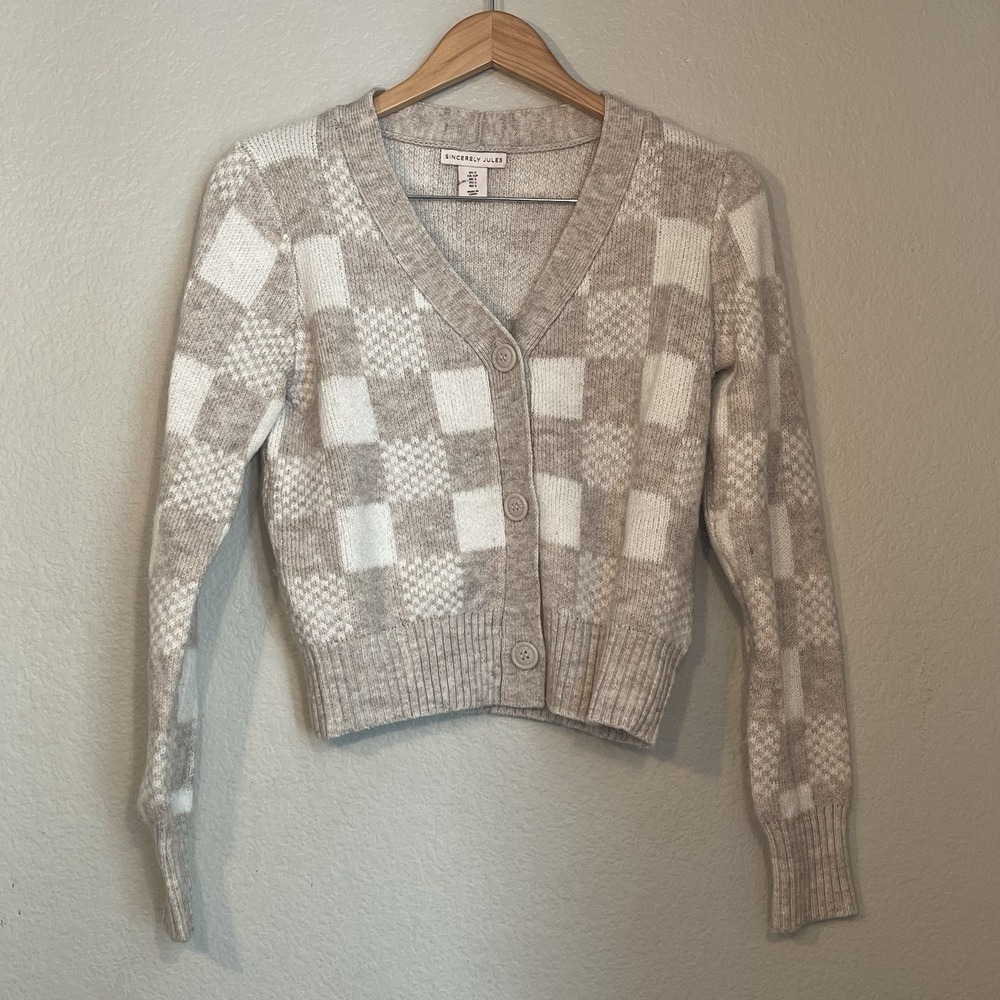 Sincerely Jules Small Oatmeal Cropped Cardigan Sweater Button Front Checker - Picture 2 of 8